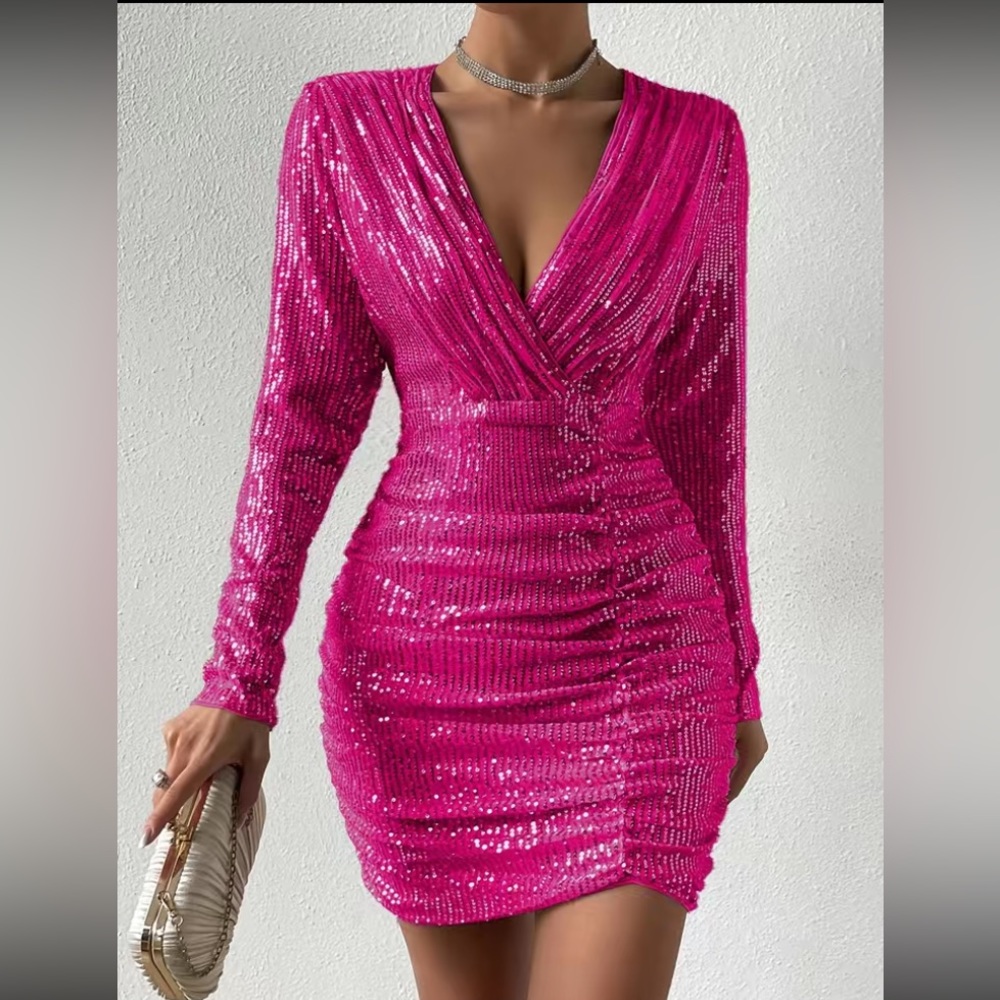 Luxe survive neck ruched party formal sequins bodycon dress - Picture 6 of 6